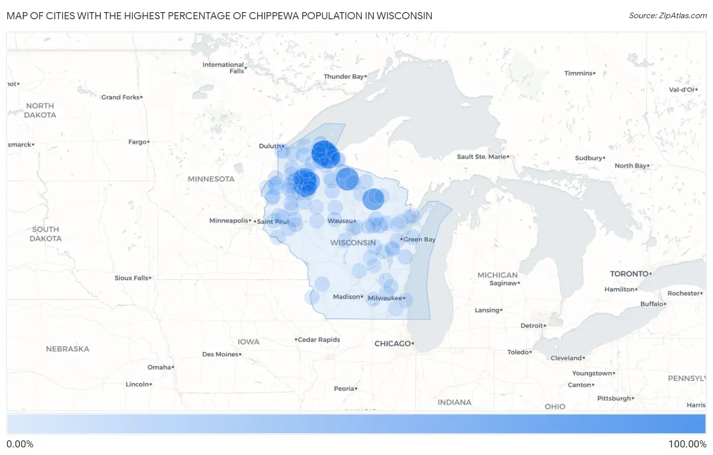 Cities with the Highest Percentage of Chippewa Population in Wisconsin Map