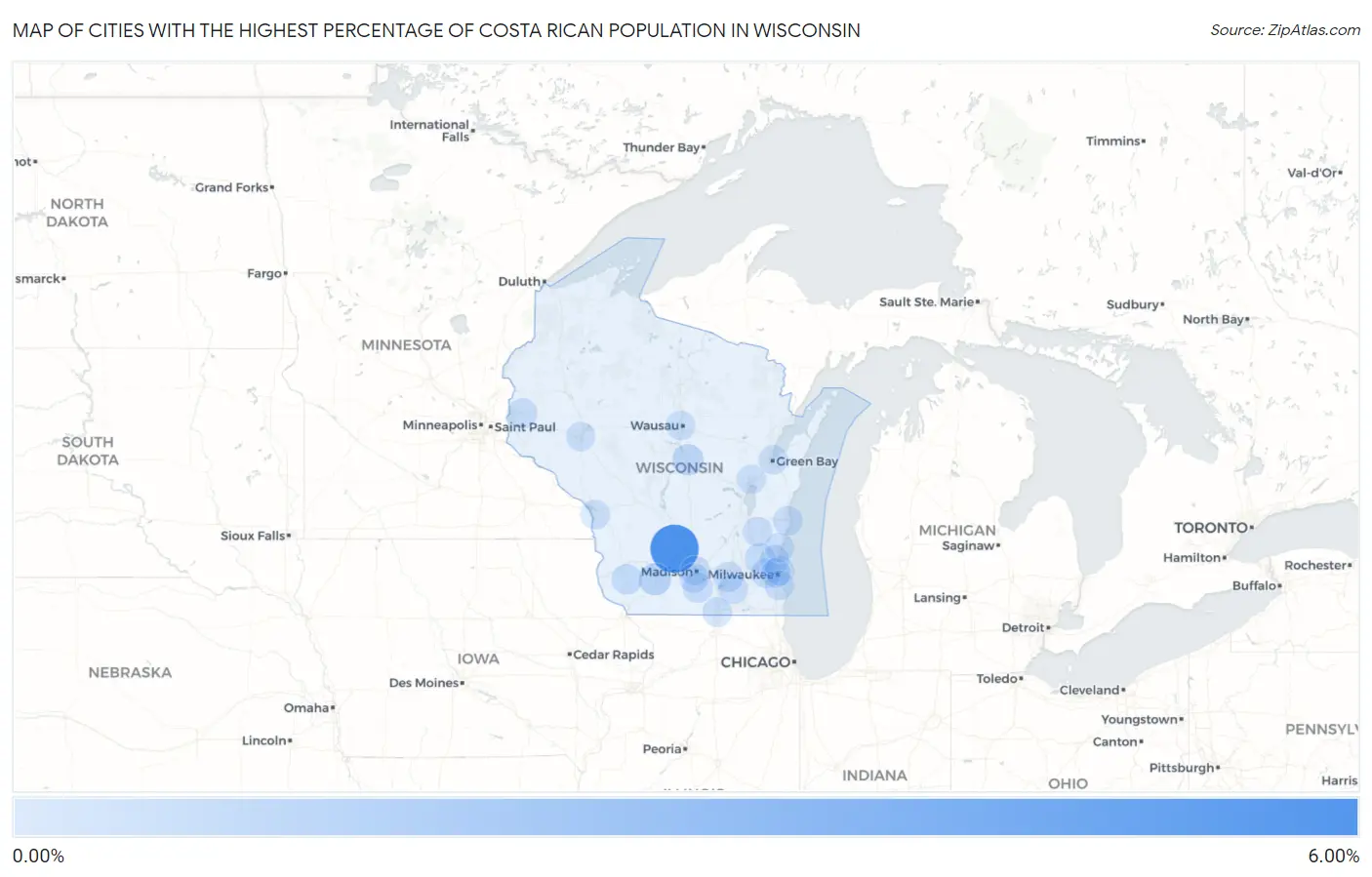 Cities with the Highest Percentage of Costa Rican Population in Wisconsin Map