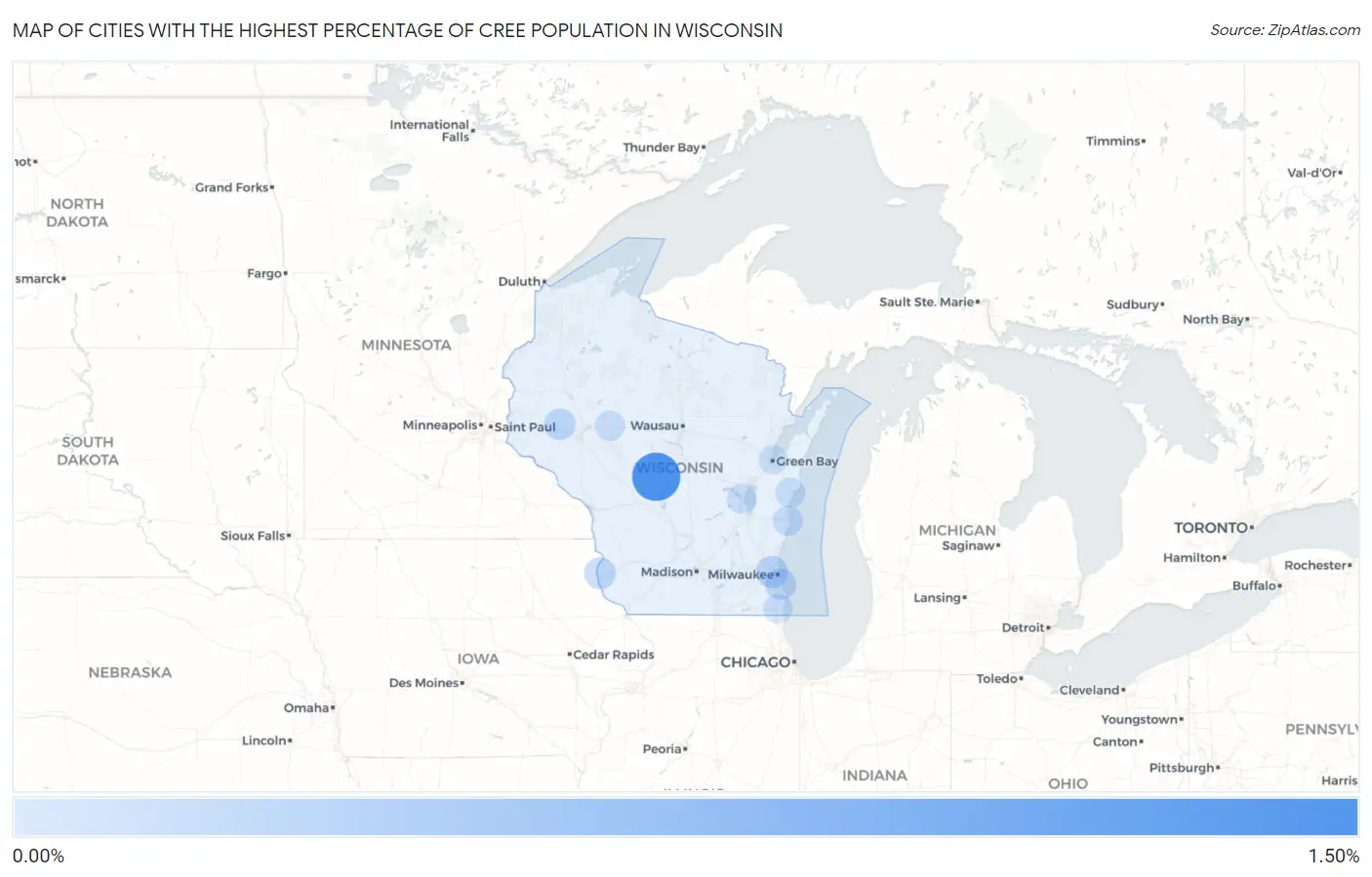 Cities with the Highest Percentage of Cree Population in Wisconsin Map