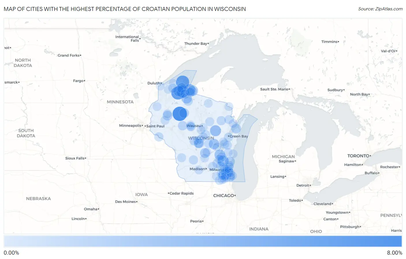 Cities with the Highest Percentage of Croatian Population in Wisconsin Map