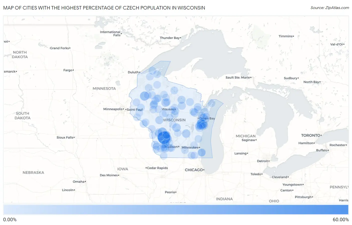Cities with the Highest Percentage of Czech Population in Wisconsin Map