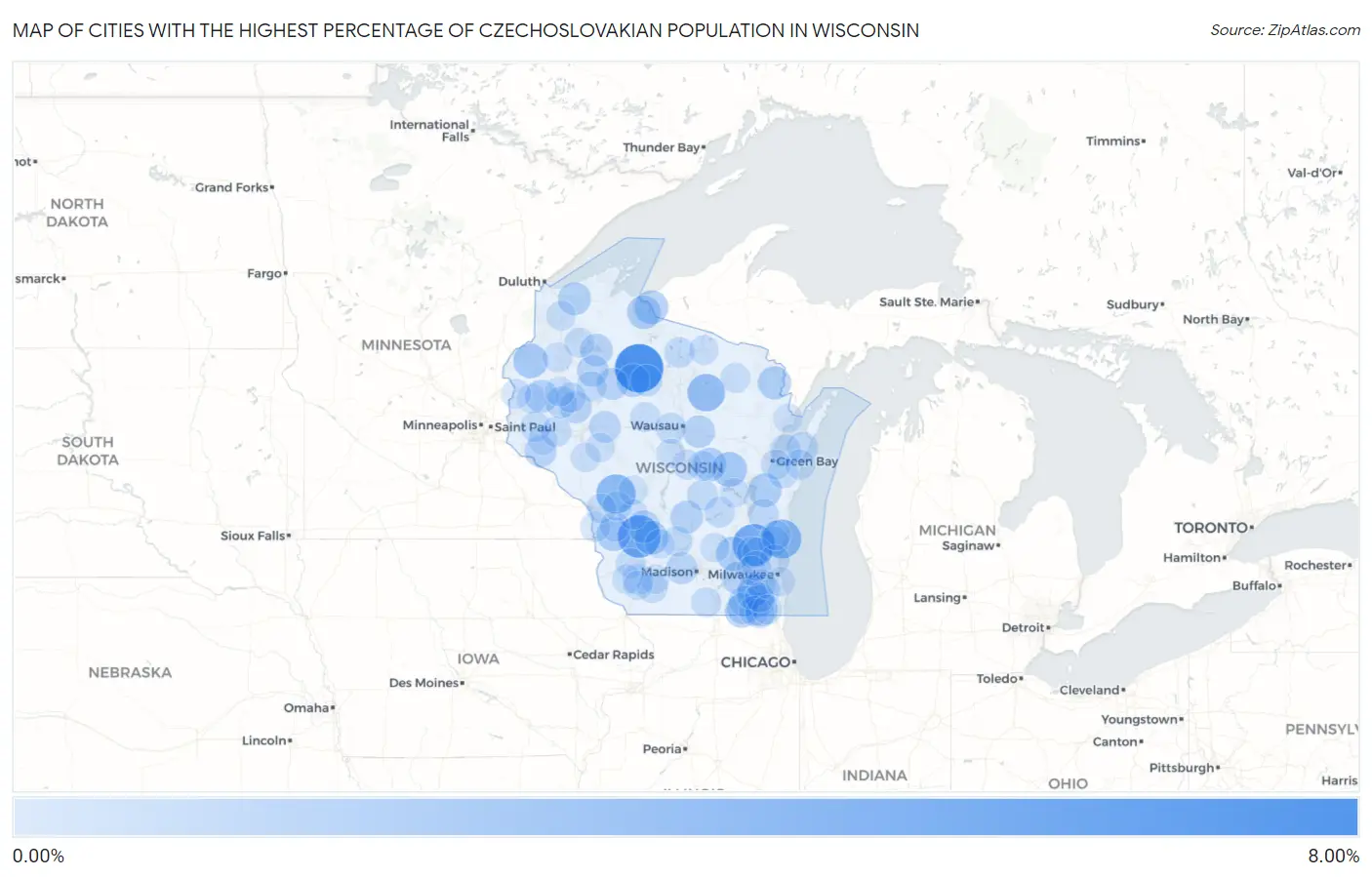 Cities with the Highest Percentage of Czechoslovakian Population in Wisconsin Map