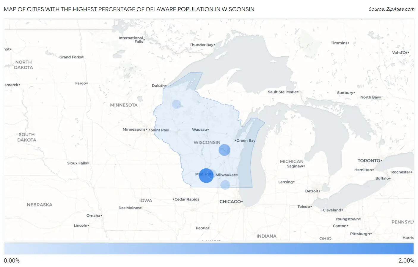 Cities with the Highest Percentage of Delaware Population in Wisconsin Map