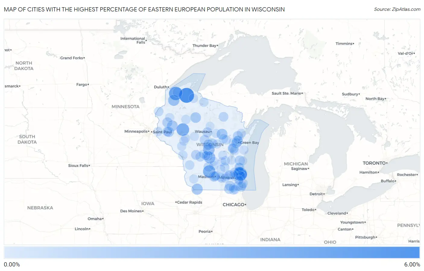 Cities with the Highest Percentage of Eastern European Population in Wisconsin Map