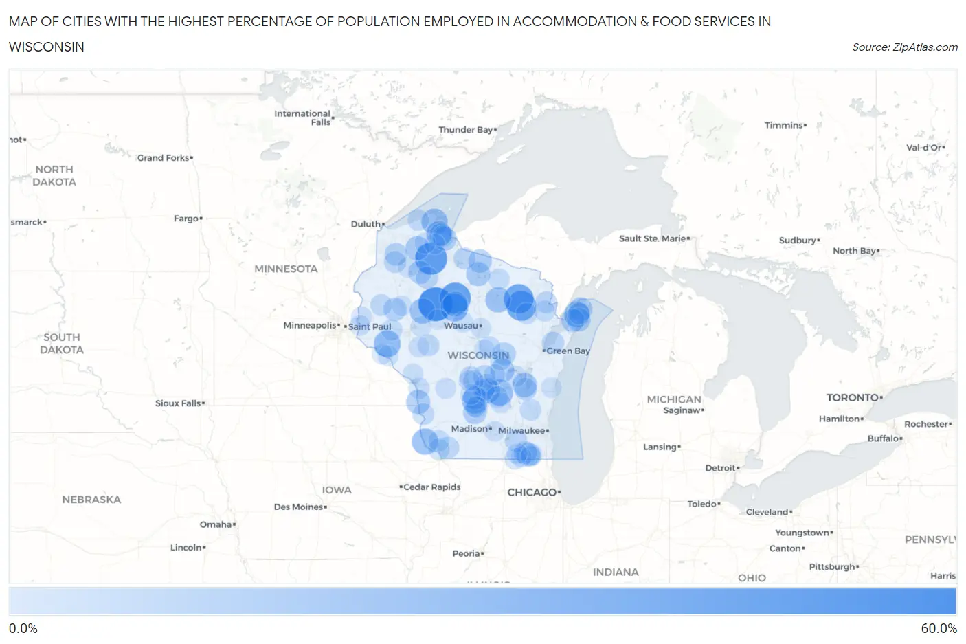 Cities with the Highest Percentage of Population Employed in Accommodation & Food Services in Wisconsin Map