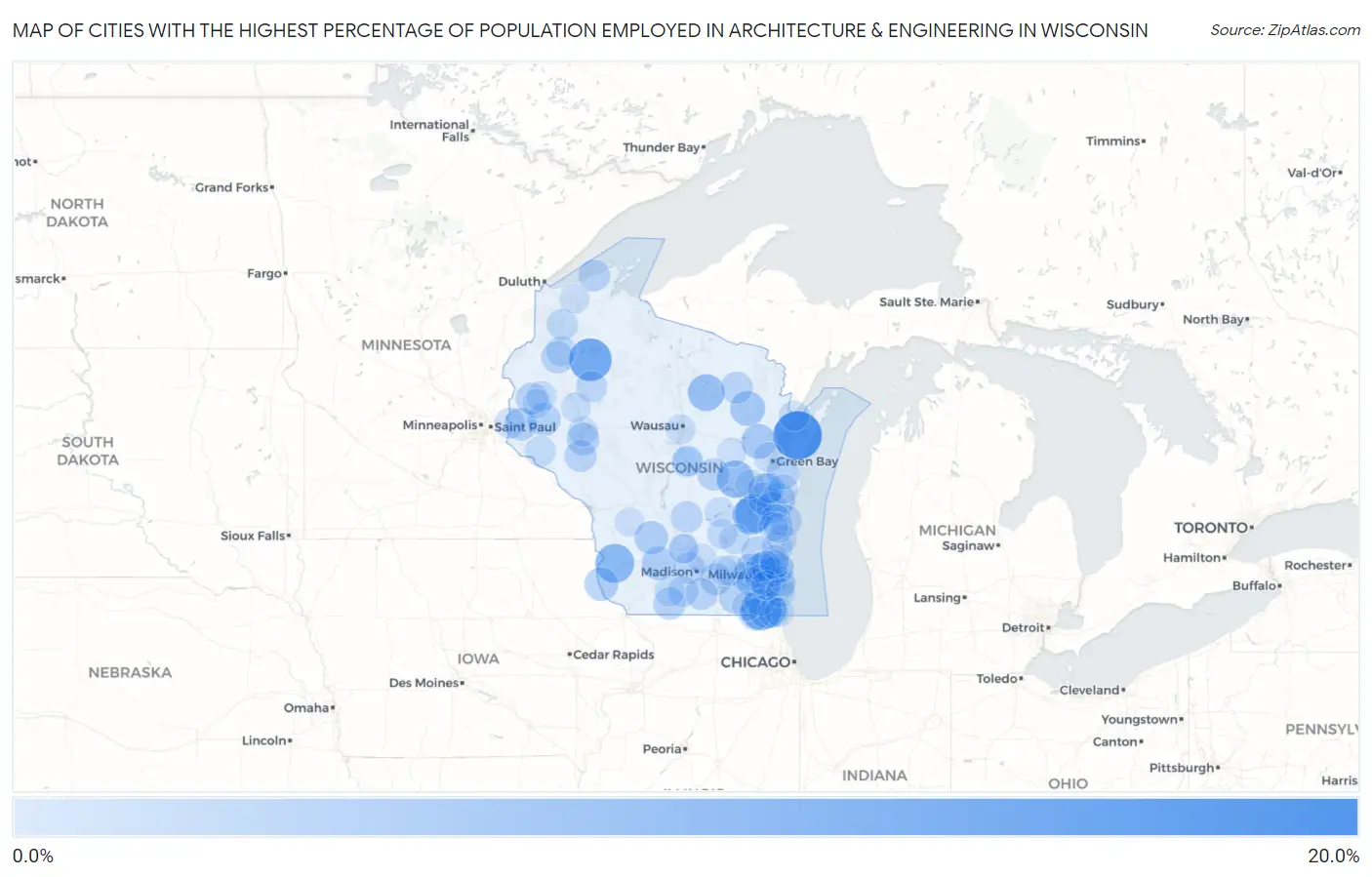 Cities with the Highest Percentage of Population Employed in Architecture & Engineering in Wisconsin Map