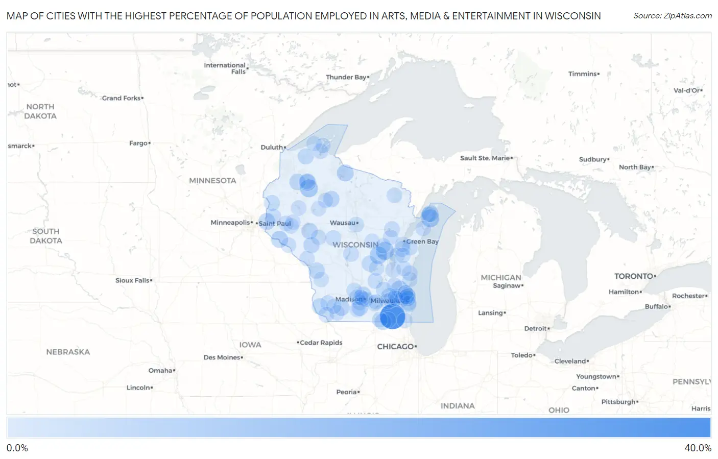 Cities with the Highest Percentage of Population Employed in Arts, Media & Entertainment in Wisconsin Map