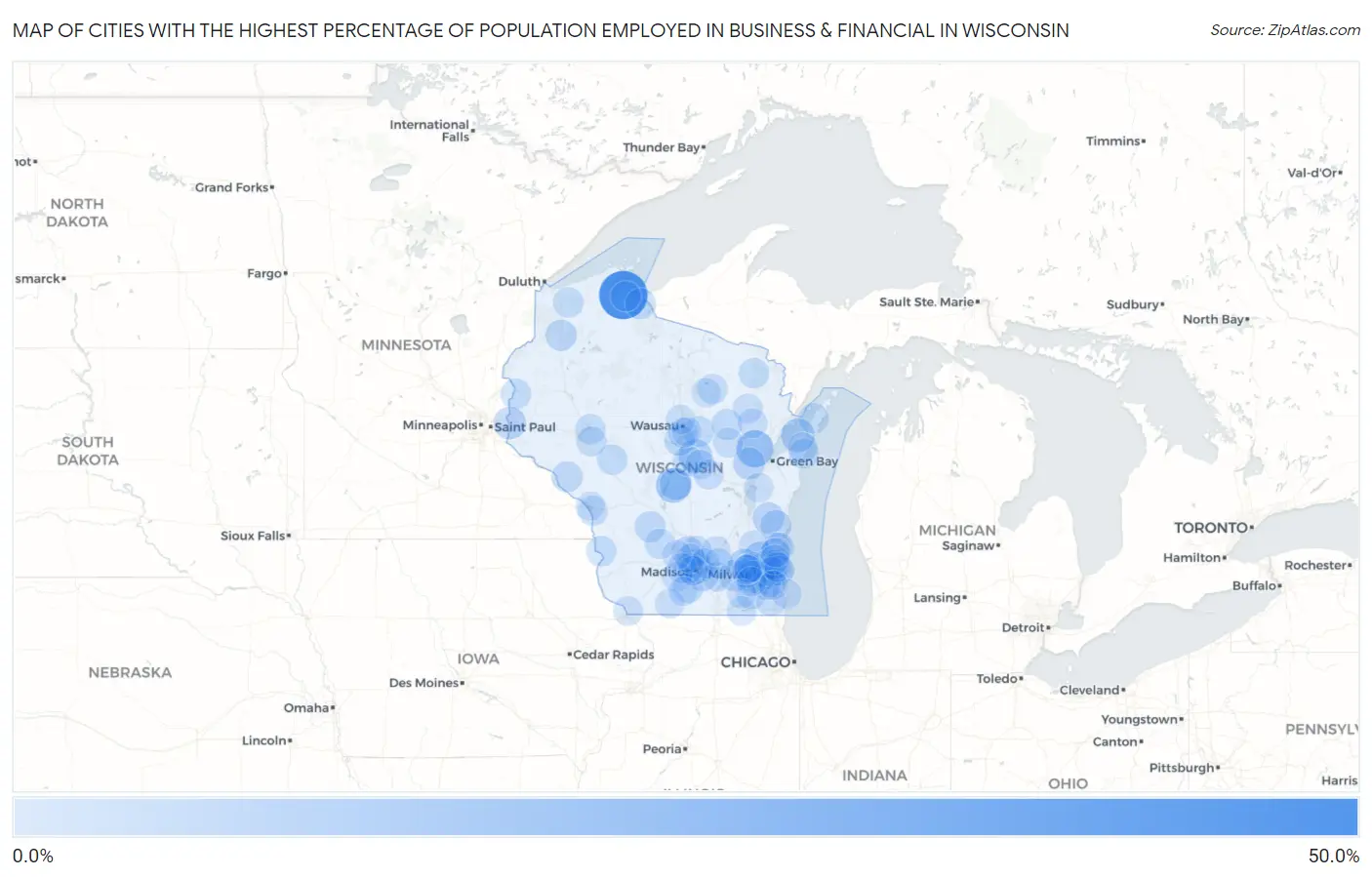 Cities with the Highest Percentage of Population Employed in Business & Financial in Wisconsin Map