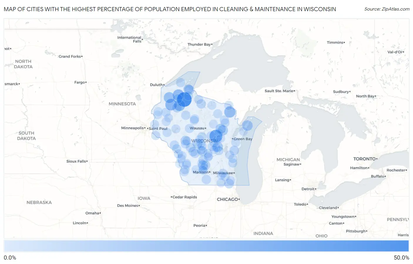 Cities with the Highest Percentage of Population Employed in Cleaning & Maintenance in Wisconsin Map