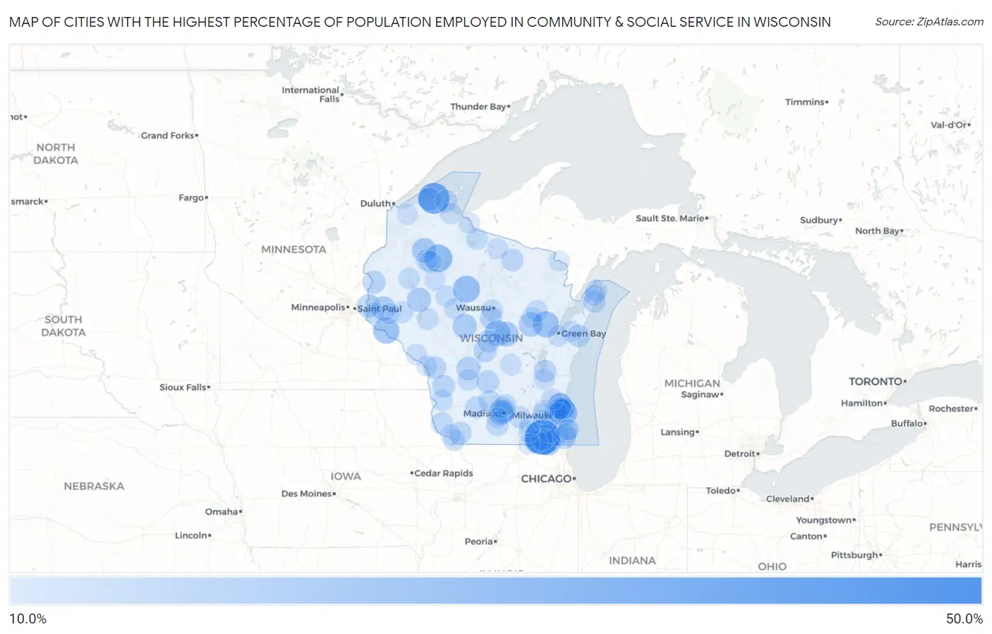 Cities with the Highest Percentage of Population Employed in Community & Social Service  in Wisconsin Map