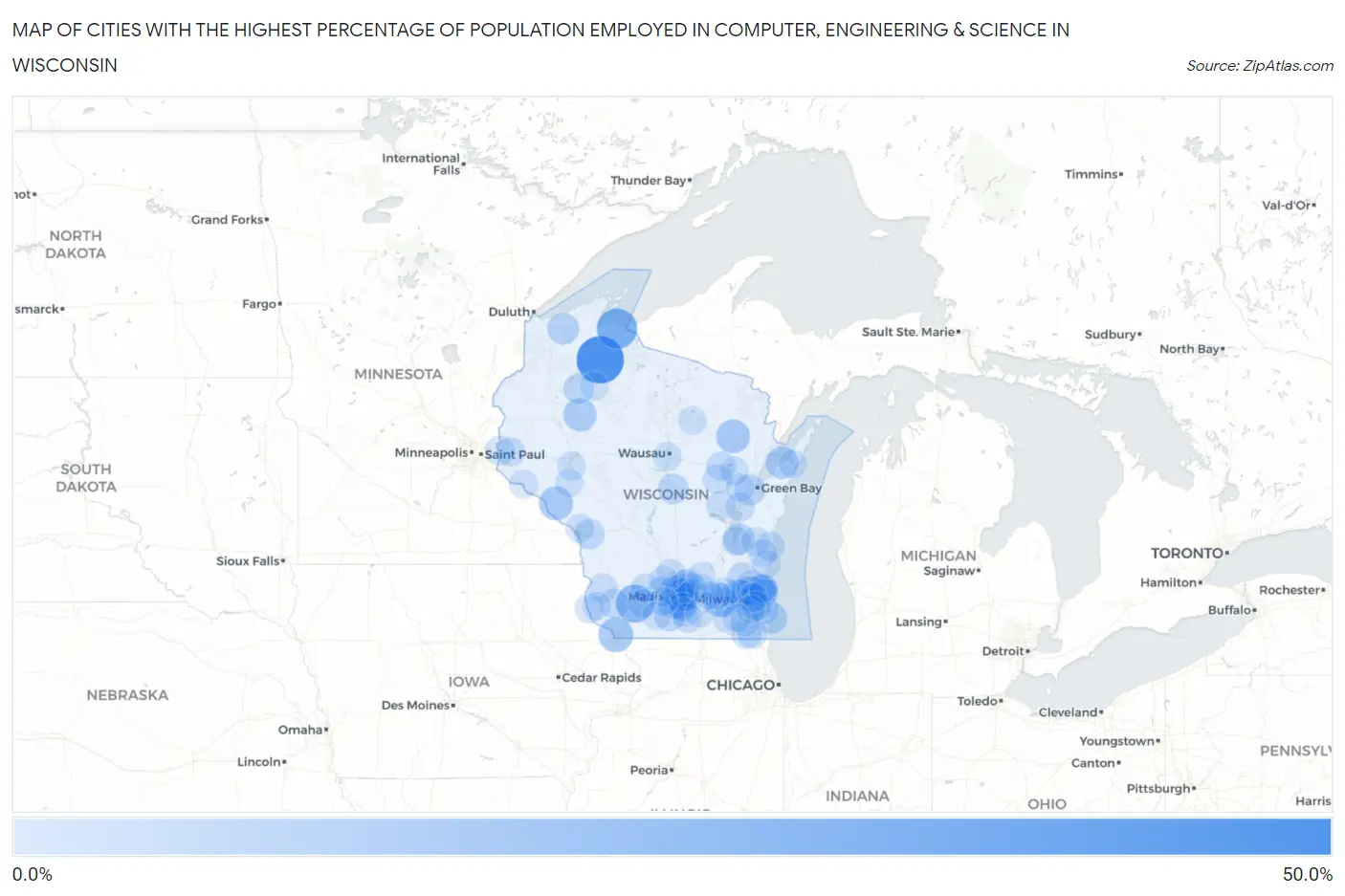 Cities with the Highest Percentage of Population Employed in Computer, Engineering & Science in Wisconsin Map