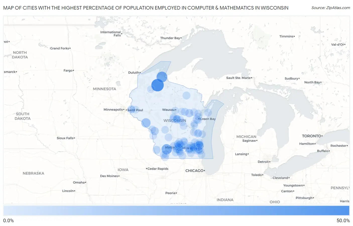 Cities with the Highest Percentage of Population Employed in Computer & Mathematics in Wisconsin Map