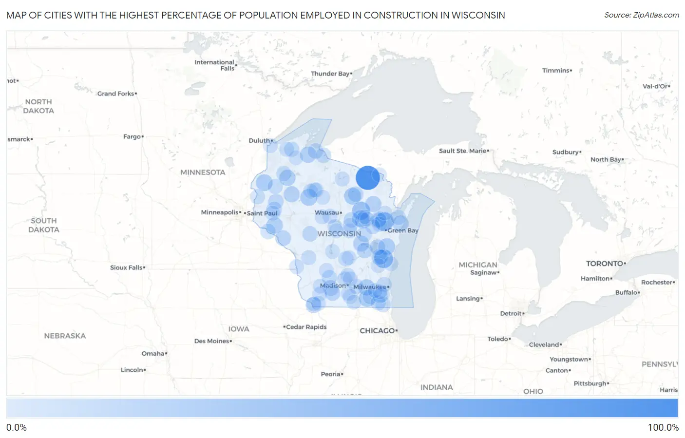 Cities with the Highest Percentage of Population Employed in Construction in Wisconsin Map