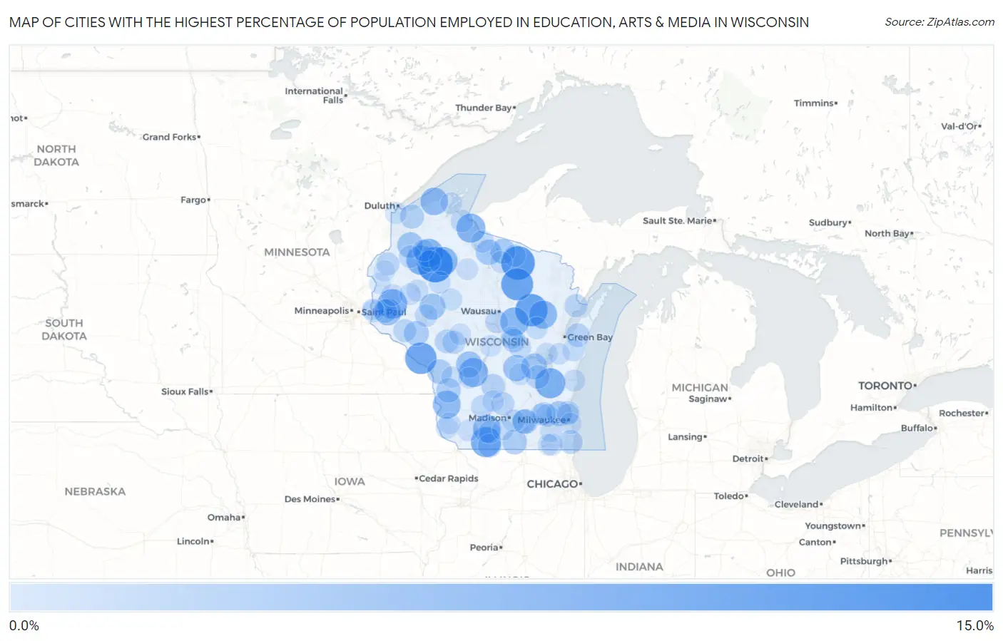 Cities with the Highest Percentage of Population Employed in Education, Arts & Media in Wisconsin Map