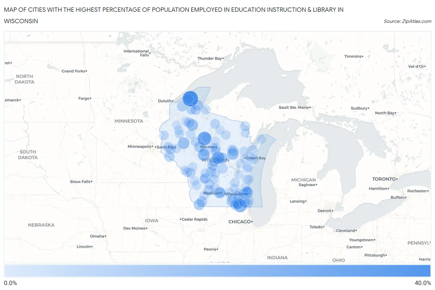 Cities with the Highest Percentage of Population Employed in Education Instruction & Library in Wisconsin Map