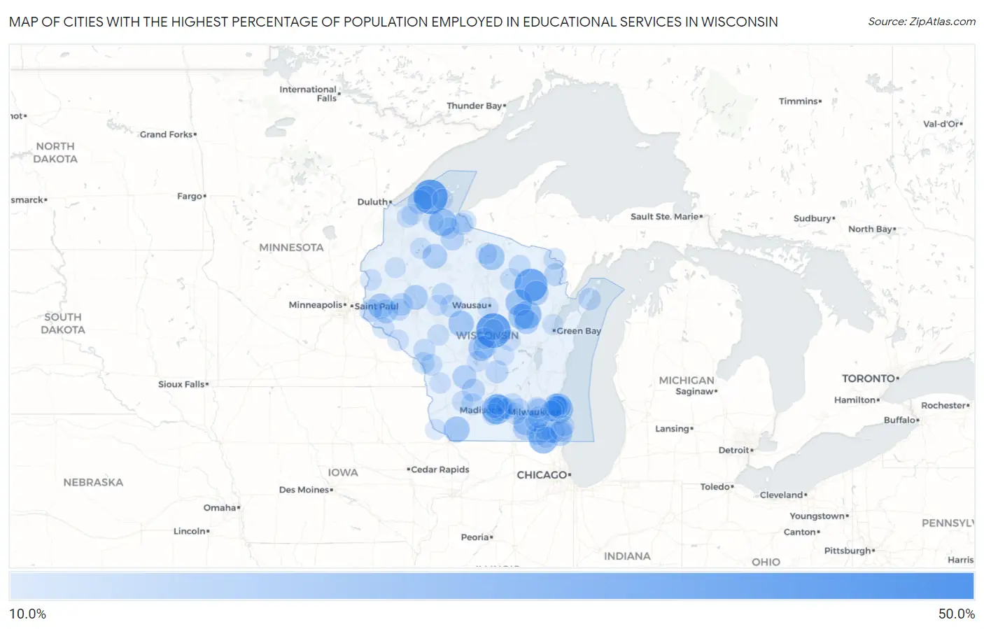 Cities with the Highest Percentage of Population Employed in Educational Services in Wisconsin Map