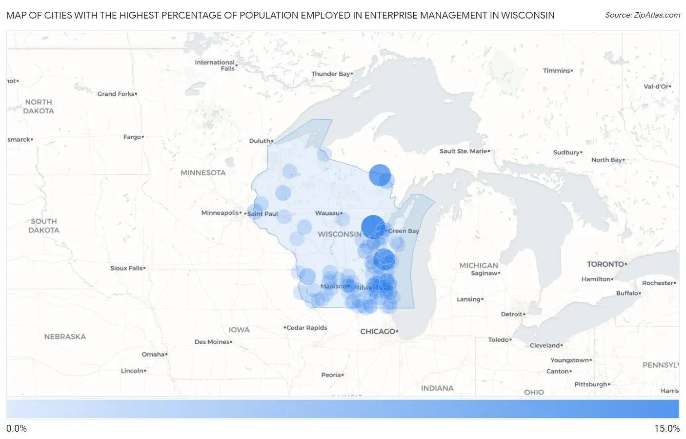 Cities with the Highest Percentage of Population Employed in Enterprise Management in Wisconsin Map