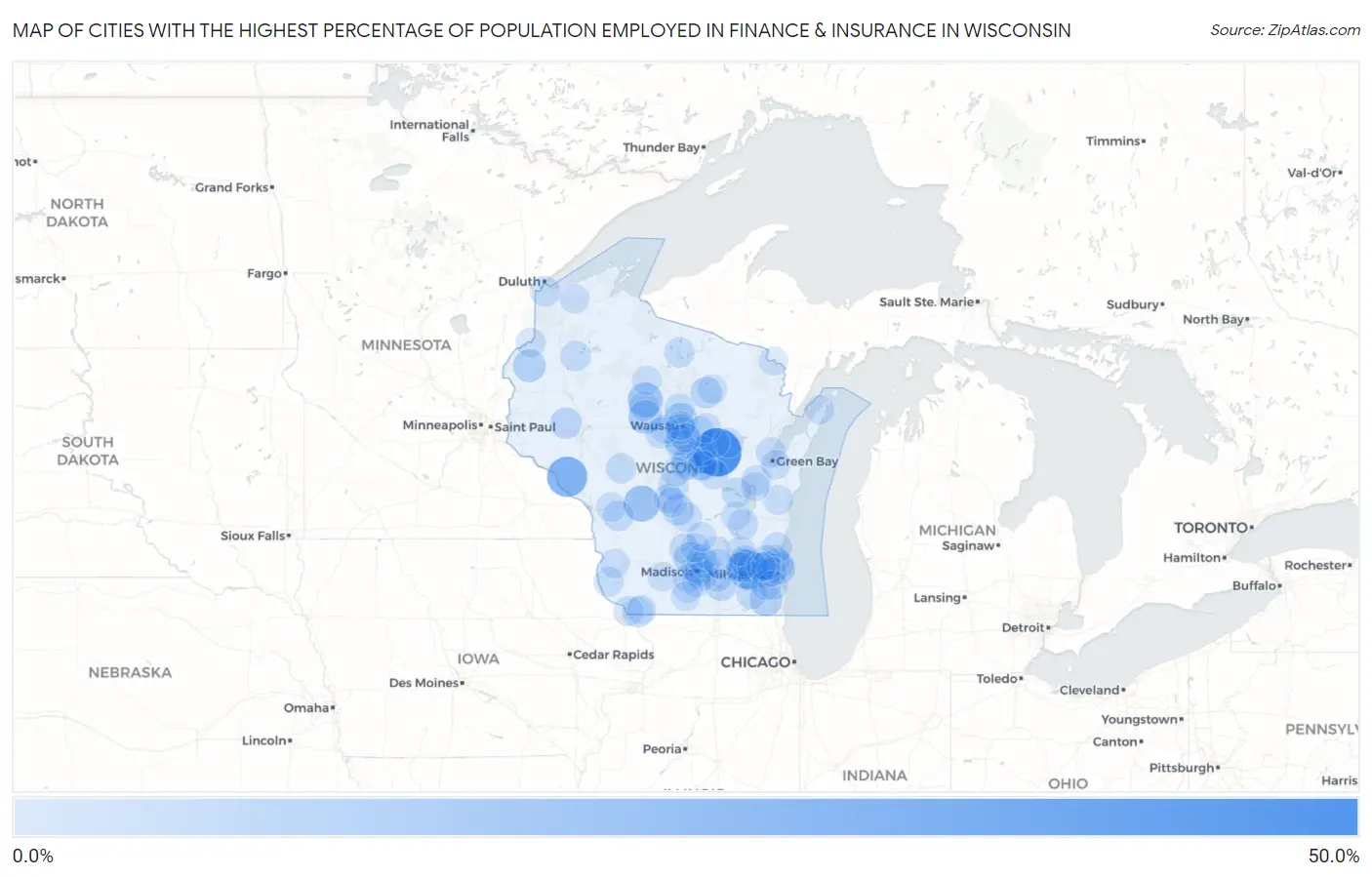 Cities with the Highest Percentage of Population Employed in Finance & Insurance in Wisconsin Map