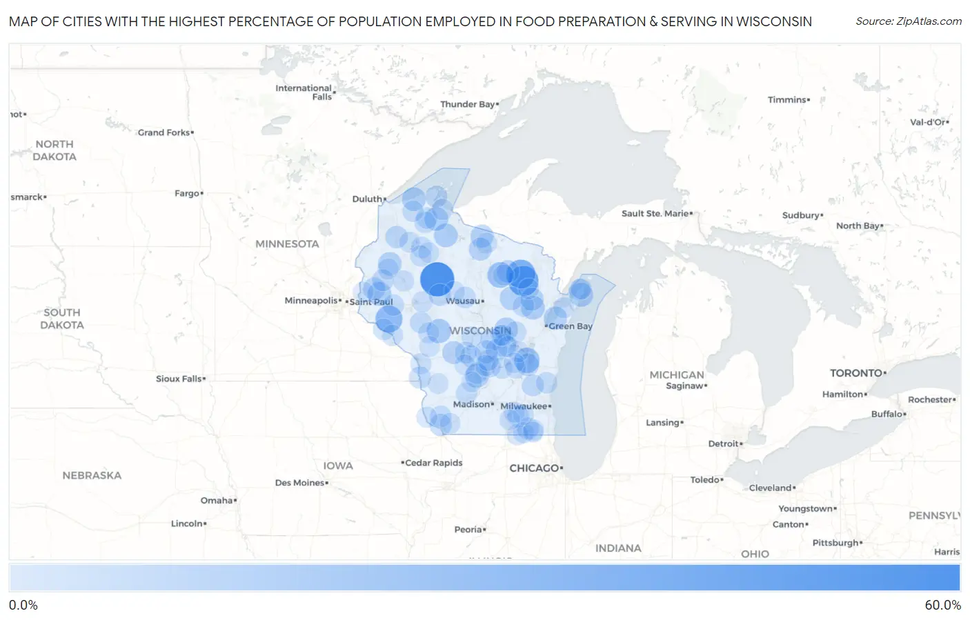 Cities with the Highest Percentage of Population Employed in Food Preparation & Serving in Wisconsin Map
