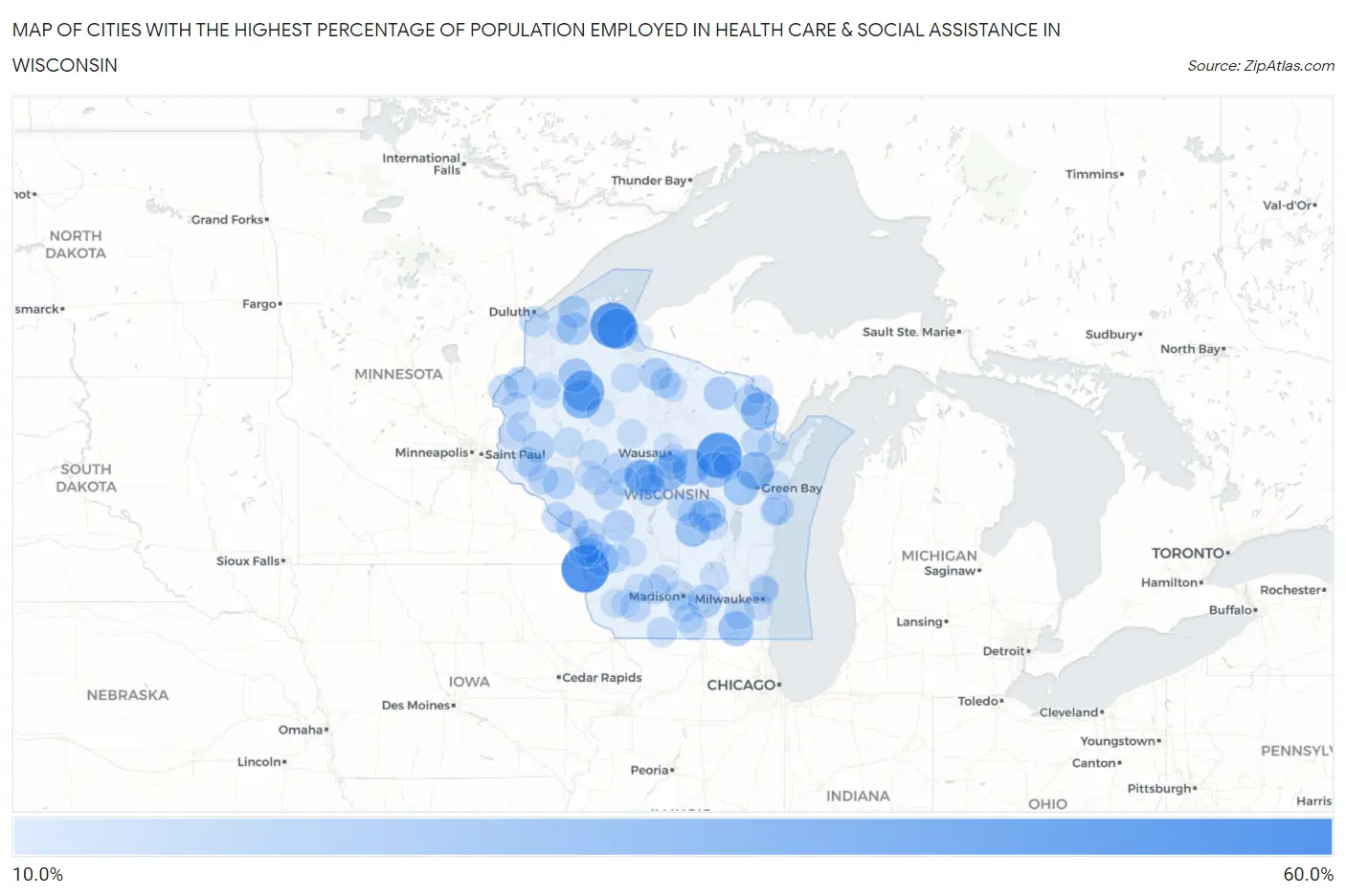 Cities with the Highest Percentage of Population Employed in Health Care & Social Assistance in Wisconsin Map
