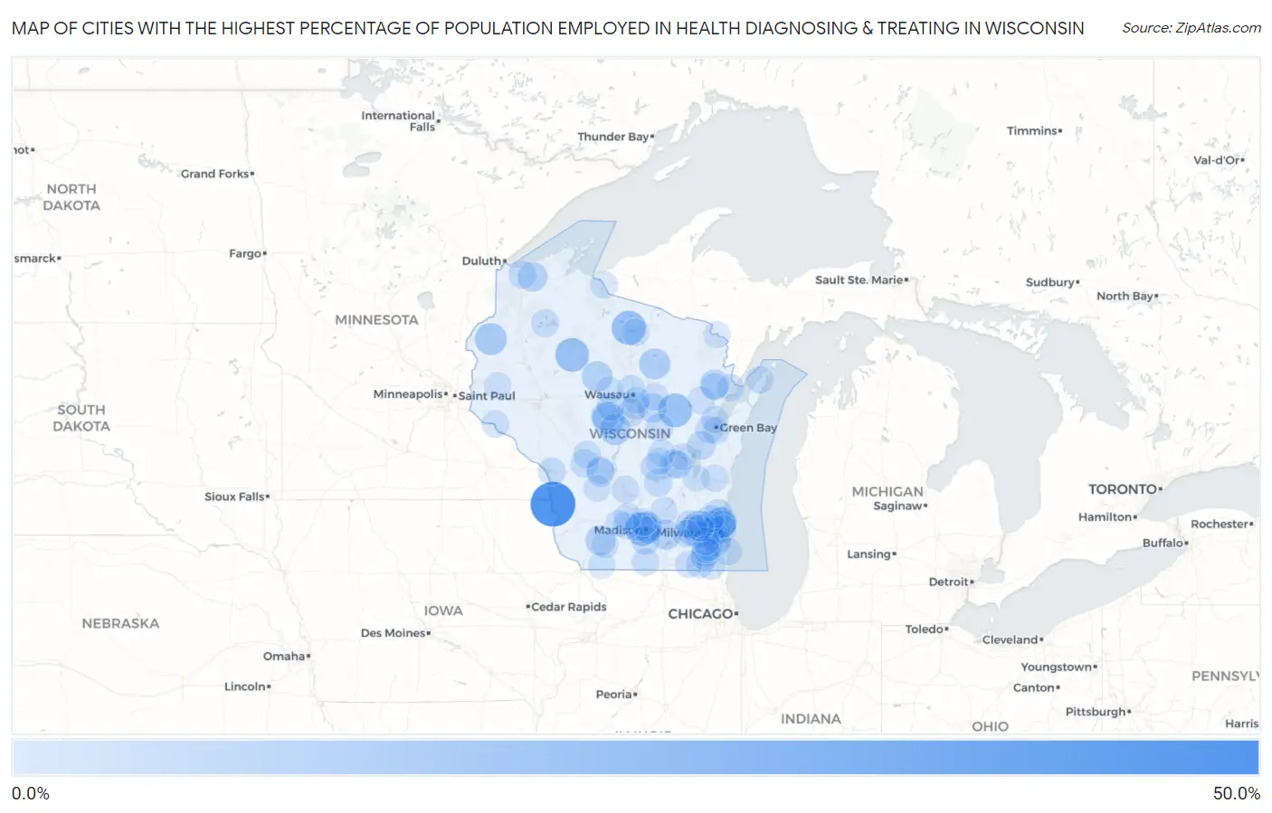 Cities with the Highest Percentage of Population Employed in Health Diagnosing & Treating in Wisconsin Map