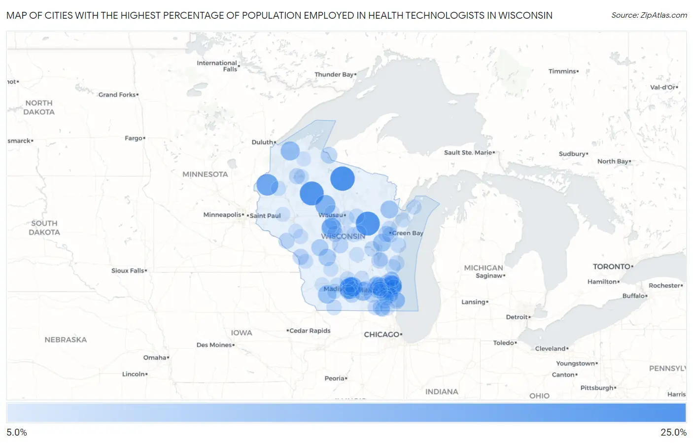 Cities with the Highest Percentage of Population Employed in Health Technologists in Wisconsin Map