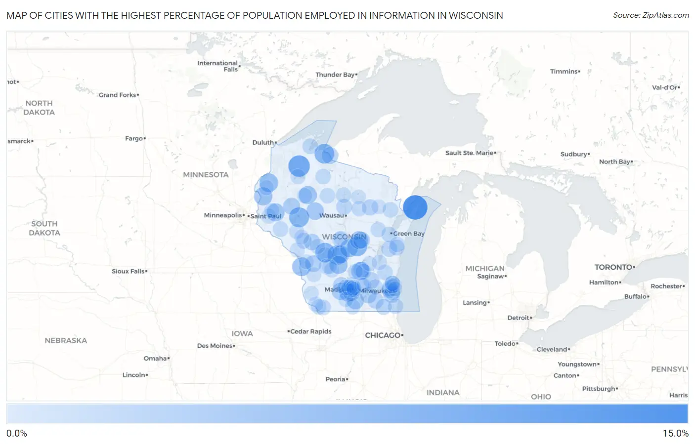 Cities with the Highest Percentage of Population Employed in Information in Wisconsin Map