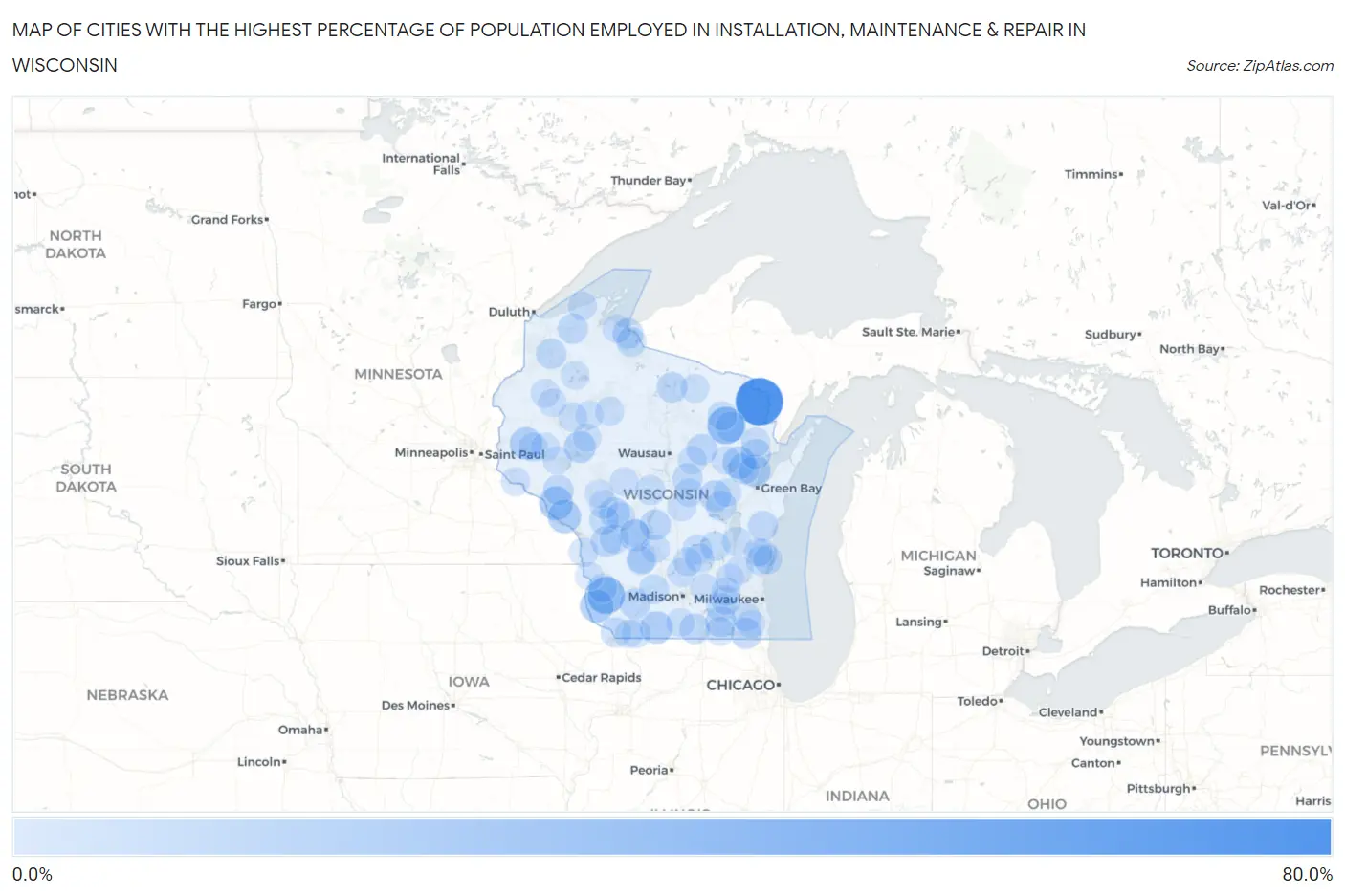Cities with the Highest Percentage of Population Employed in Installation, Maintenance & Repair in Wisconsin Map