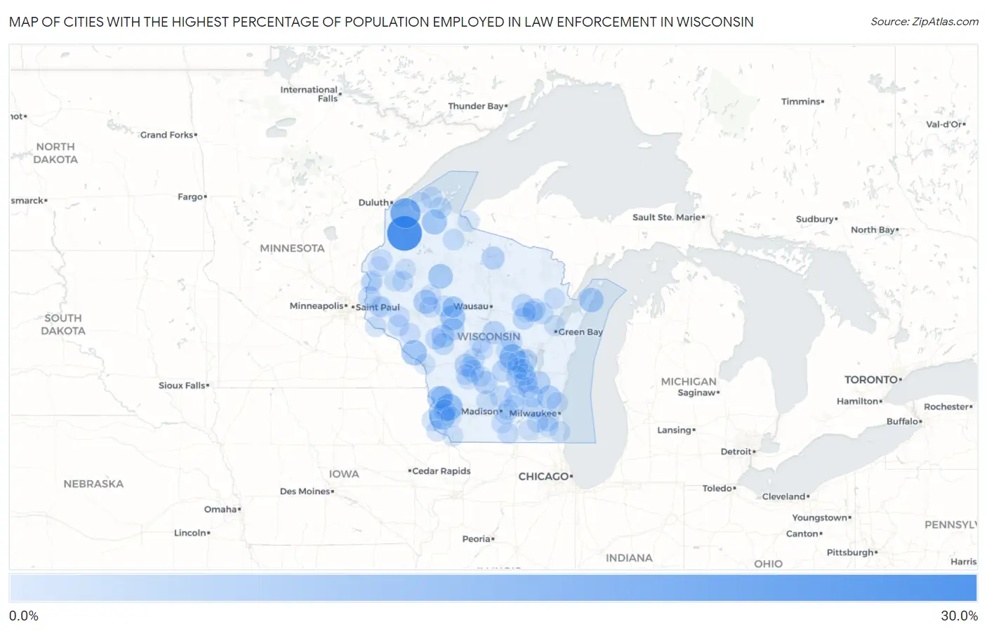 Cities with the Highest Percentage of Population Employed in Law Enforcement in Wisconsin Map