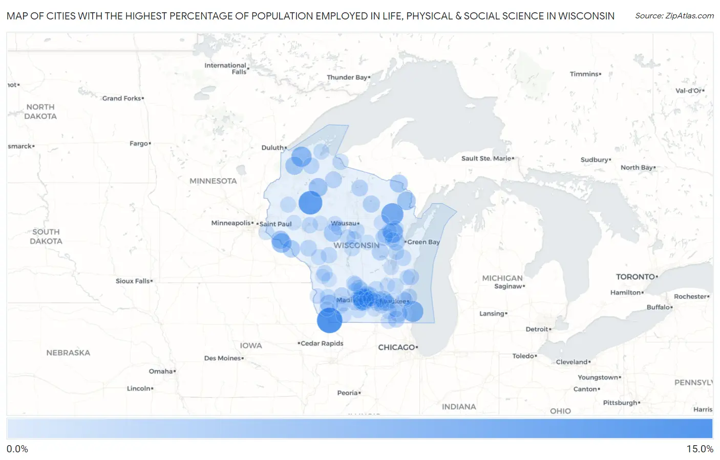 Cities with the Highest Percentage of Population Employed in Life, Physical & Social Science in Wisconsin Map