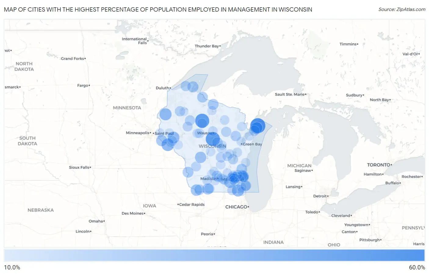 Cities with the Highest Percentage of Population Employed in Management in Wisconsin Map