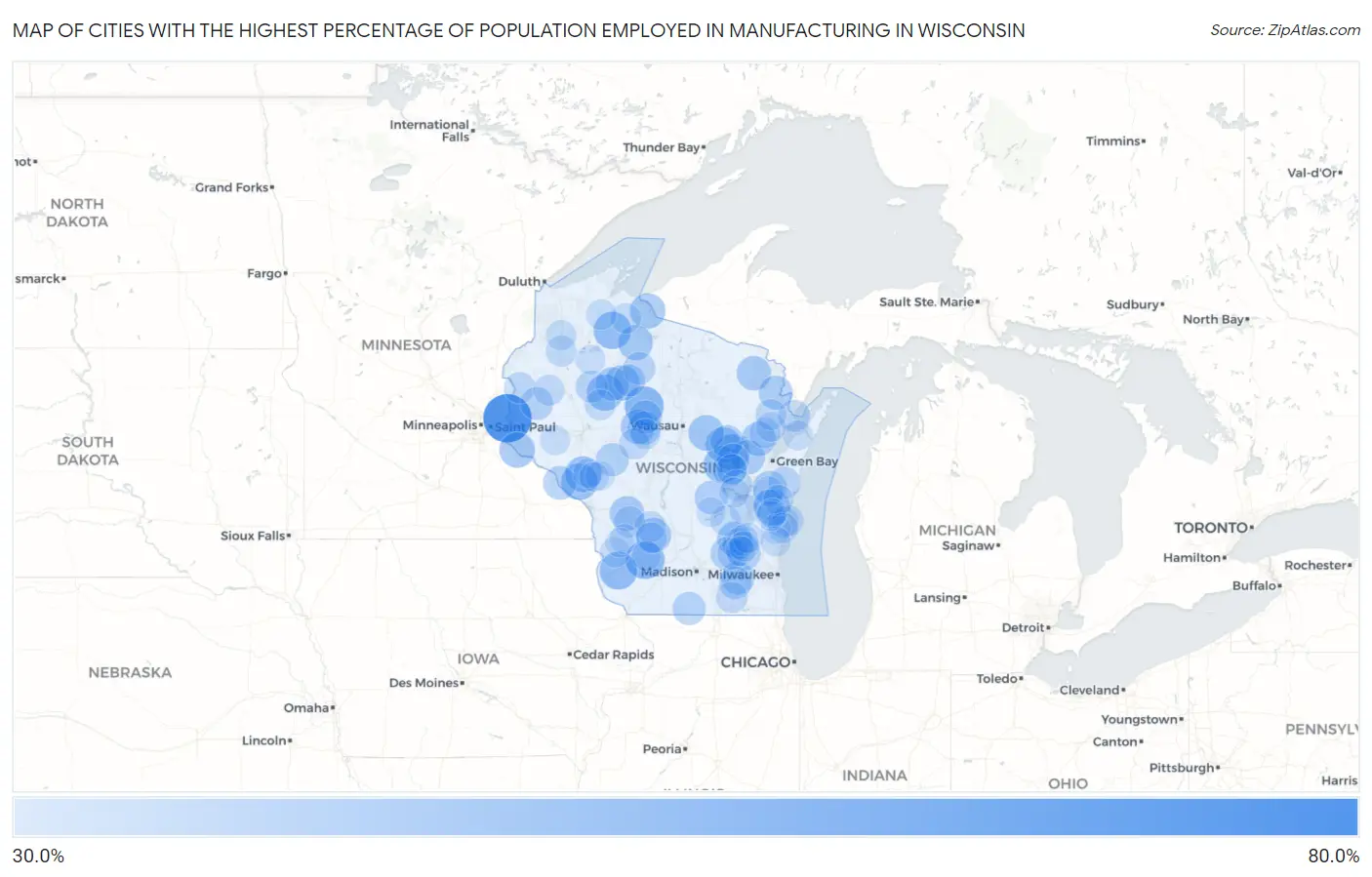 Cities with the Highest Percentage of Population Employed in Manufacturing in Wisconsin Map