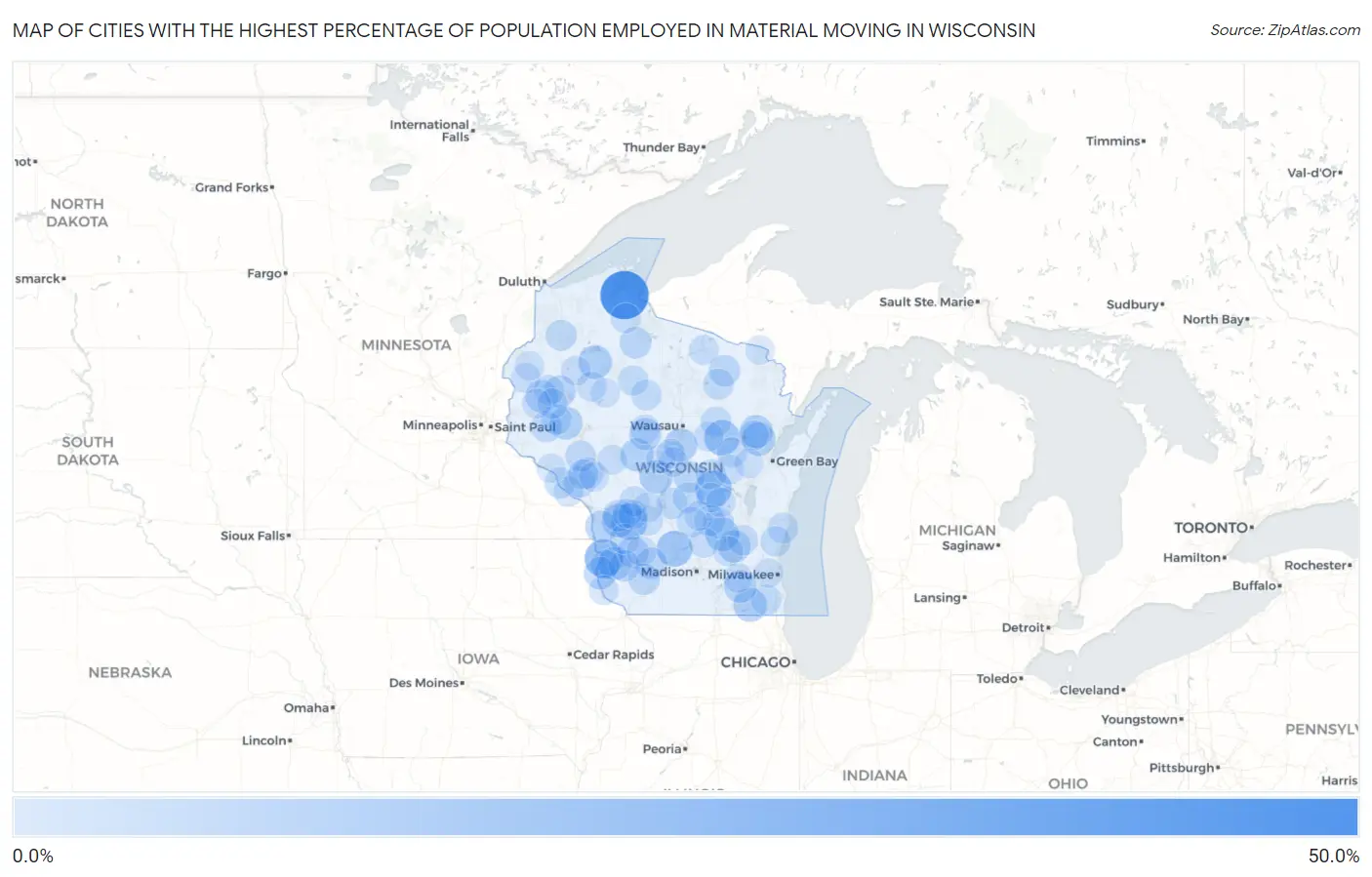 Cities with the Highest Percentage of Population Employed in Material Moving in Wisconsin Map