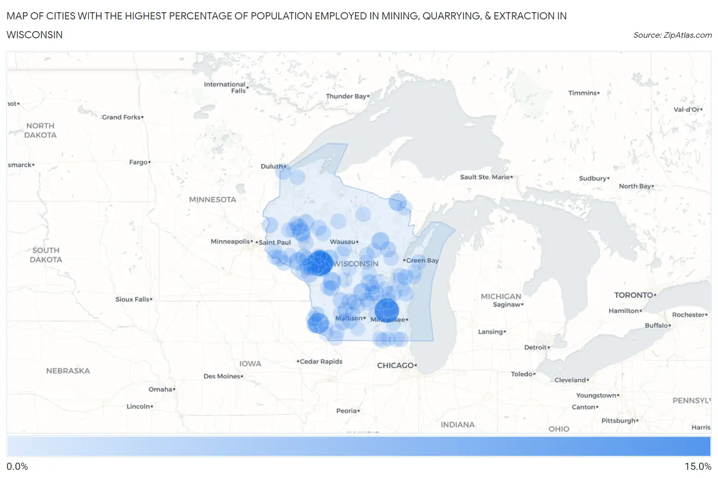 Cities with the Highest Percentage of Population Employed in Mining, Quarrying, & Extraction in Wisconsin Map