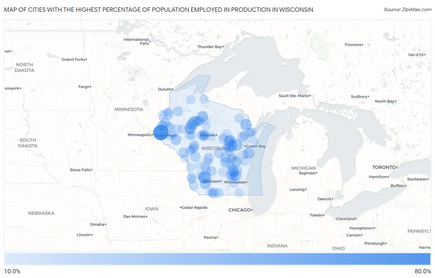 Cities with the Highest Percentage of Population Employed in Production in Wisconsin Map