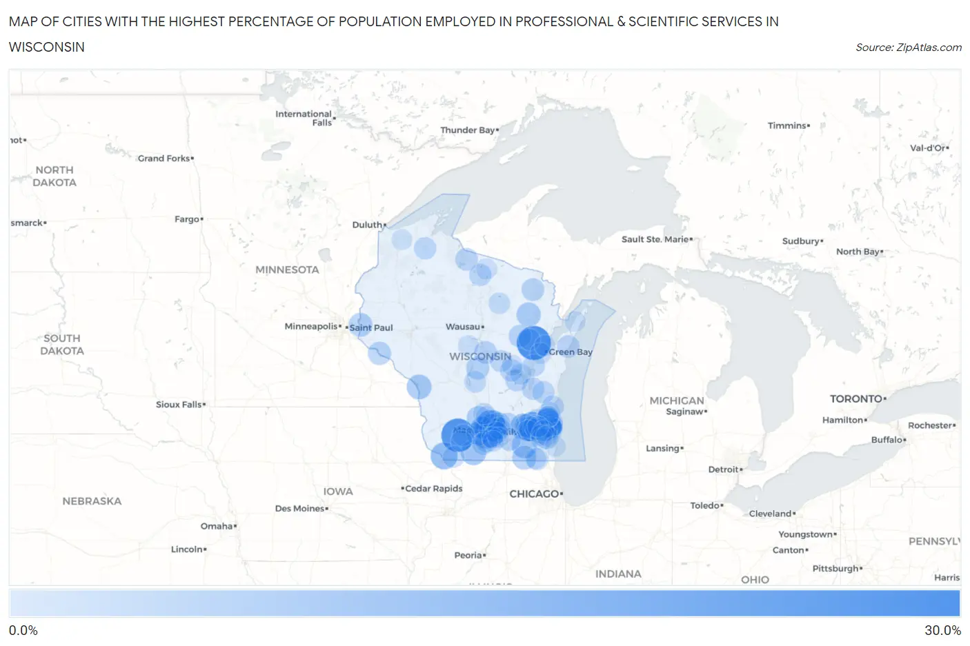 Cities with the Highest Percentage of Population Employed in Professional & Scientific Services in Wisconsin Map