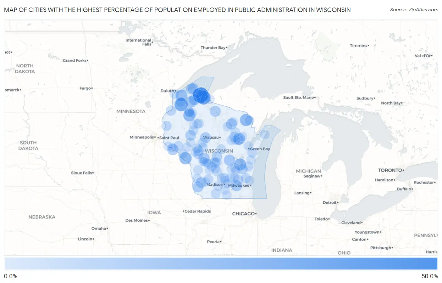 Cities with the Highest Percentage of Population Employed in Public Administration in Wisconsin Map
