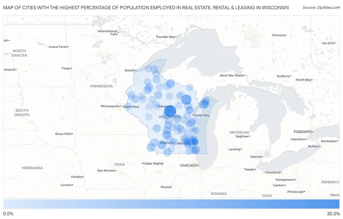 Cities with the Highest Percentage of Population Employed in Real Estate, Rental & Leasing in Wisconsin Map