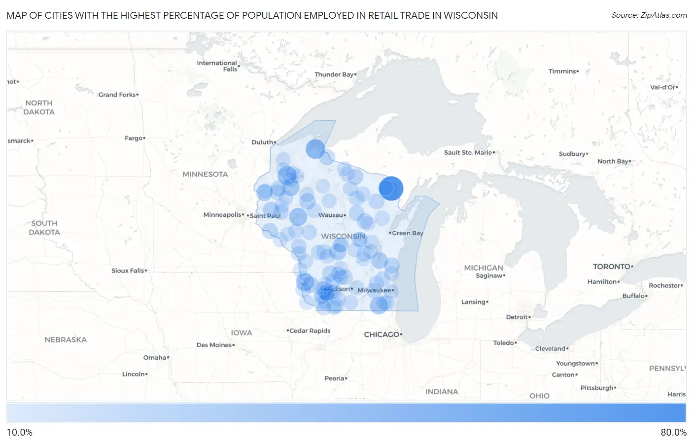 Cities with the Highest Percentage of Population Employed in Retail Trade in Wisconsin Map