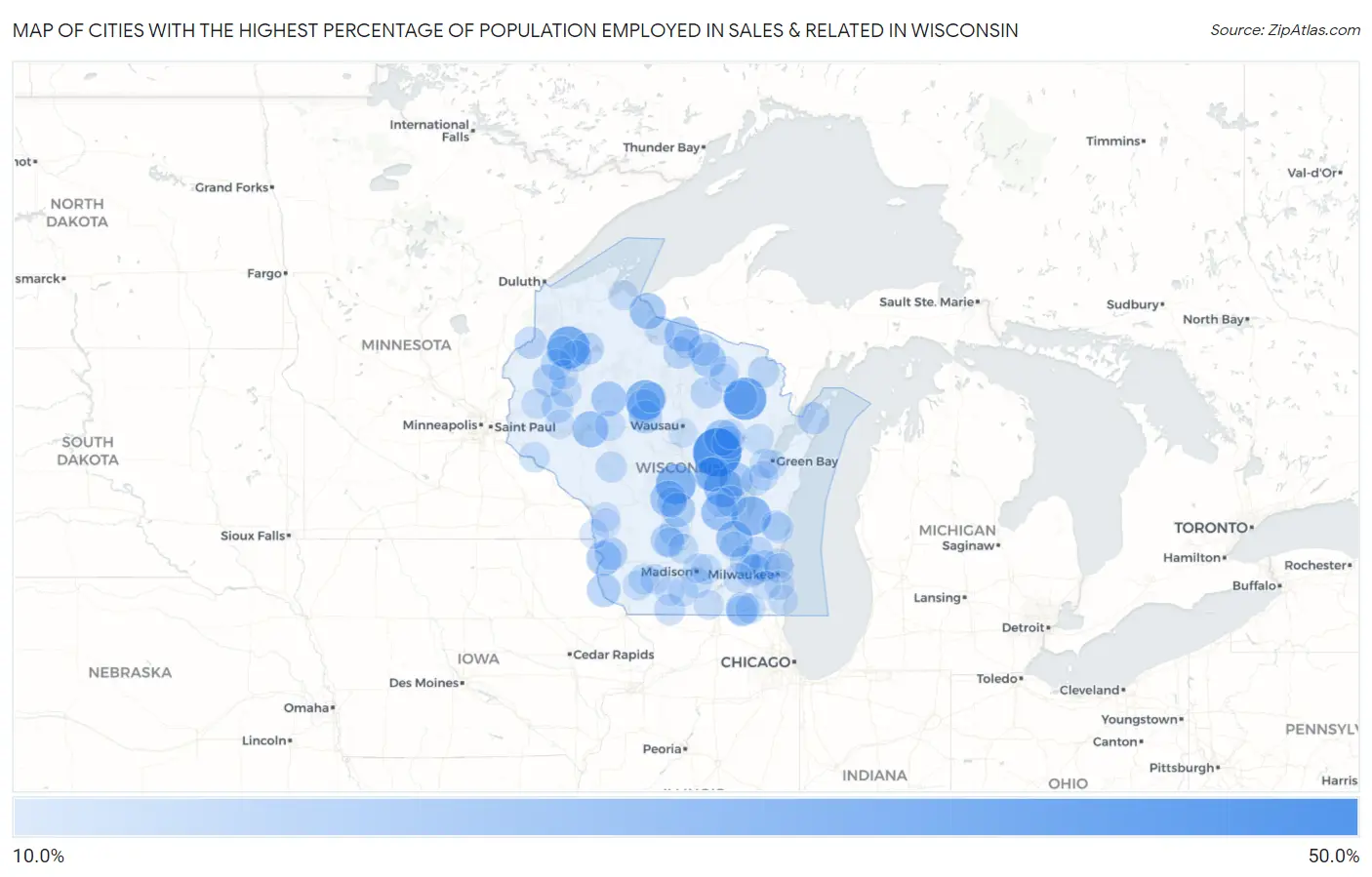 Cities with the Highest Percentage of Population Employed in Sales & Related in Wisconsin Map