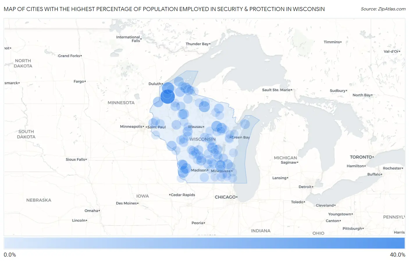 Cities with the Highest Percentage of Population Employed in Security & Protection in Wisconsin Map