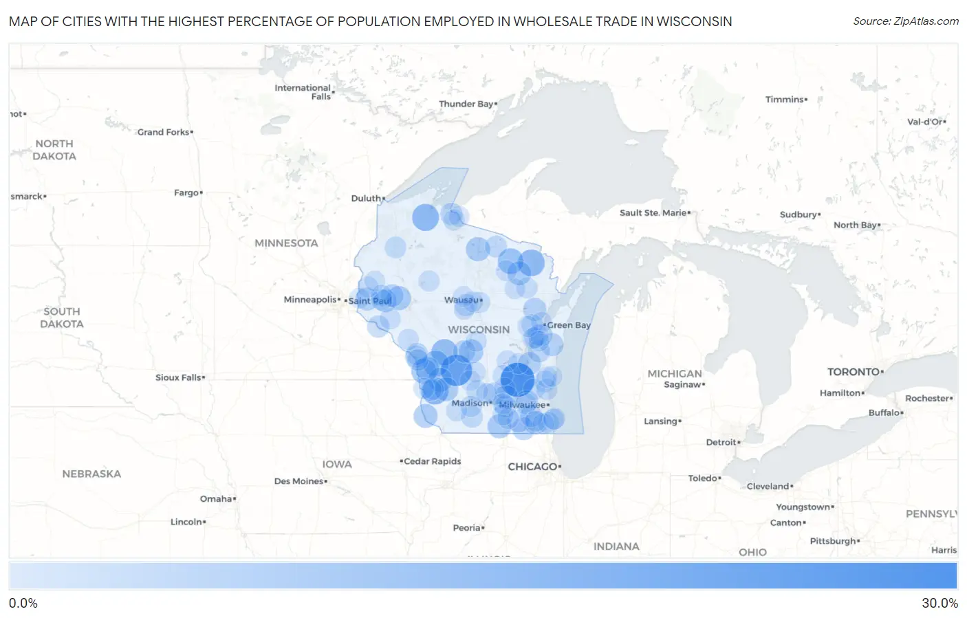 Cities with the Highest Percentage of Population Employed in Wholesale Trade in Wisconsin Map