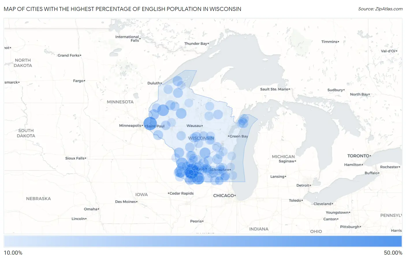 Cities with the Highest Percentage of English Population in Wisconsin Map