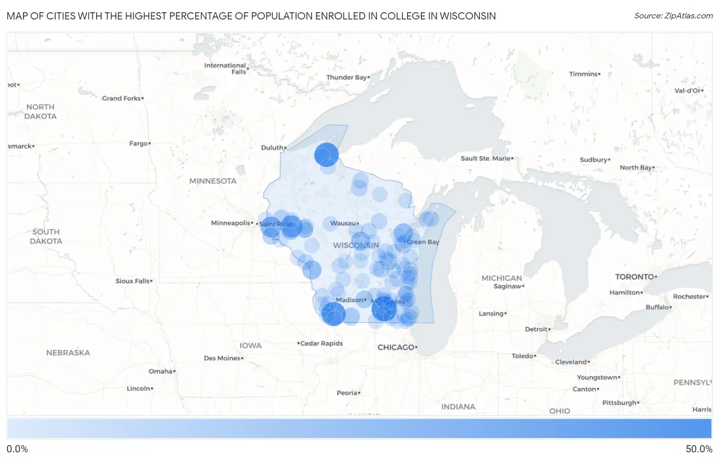 Cities with the Highest Percentage of Population Enrolled in College in Wisconsin Map
