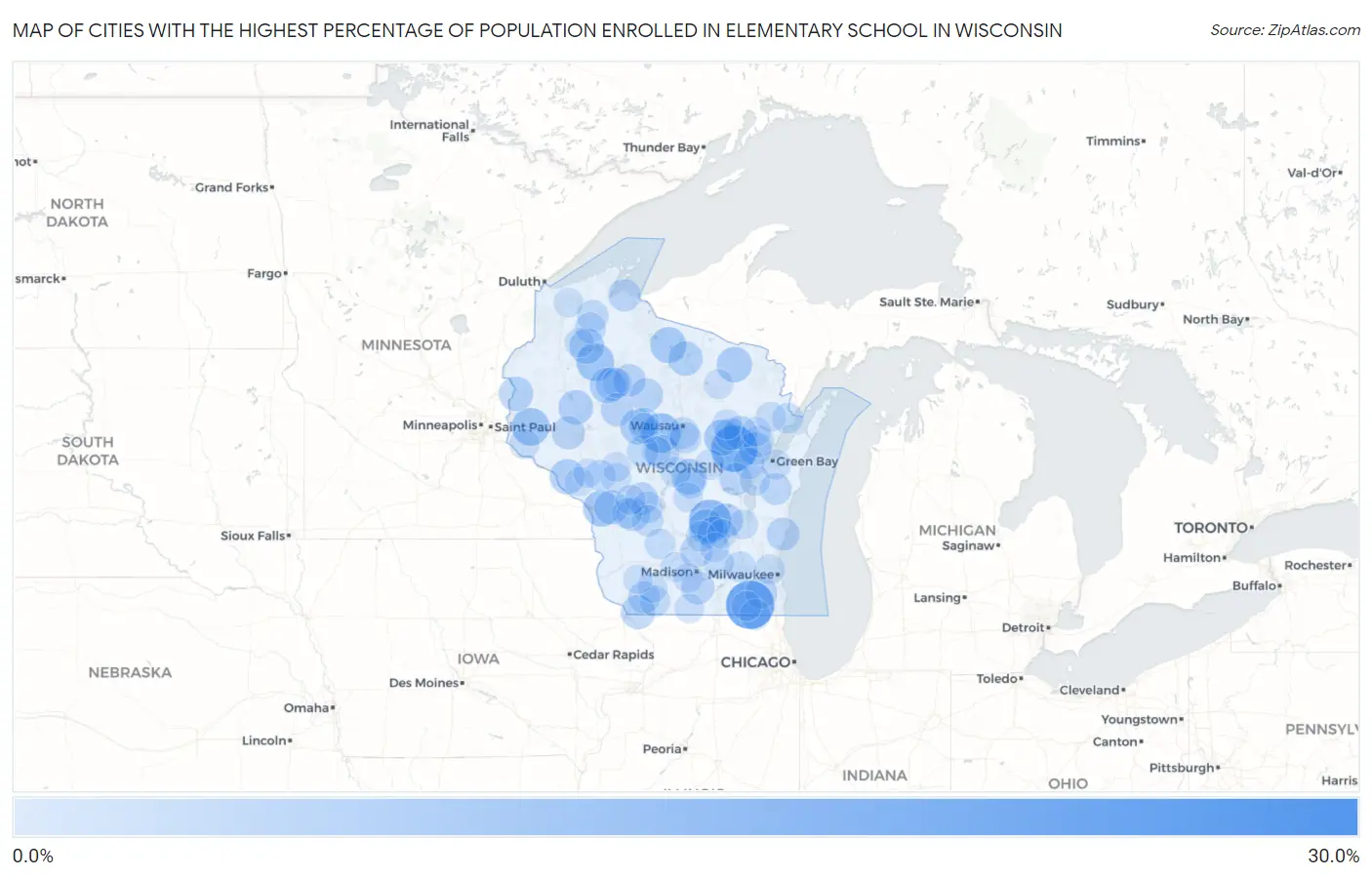 Cities with the Highest Percentage of Population Enrolled in Elementary School in Wisconsin Map