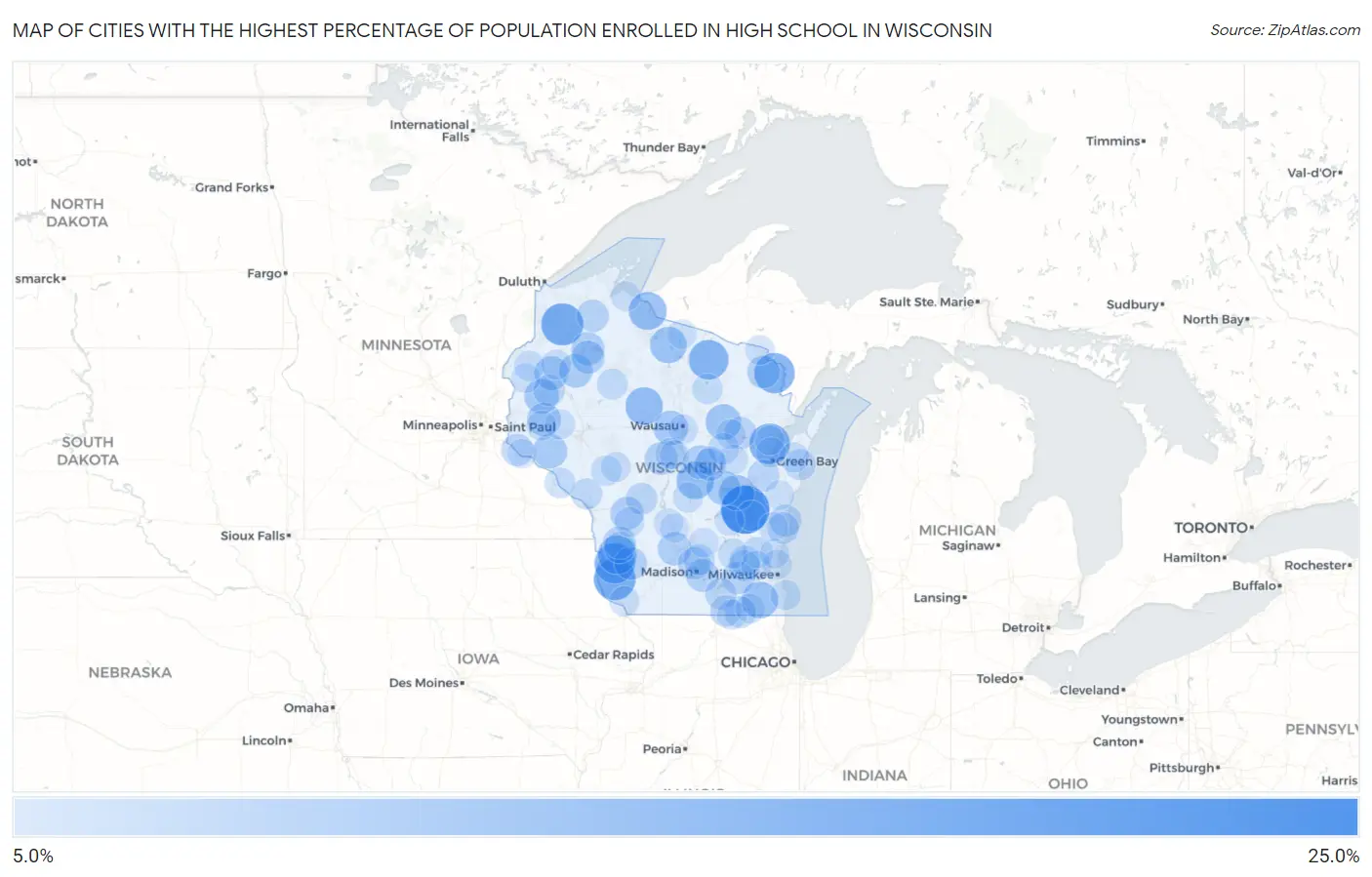 Cities with the Highest Percentage of Population Enrolled in High School in Wisconsin Map