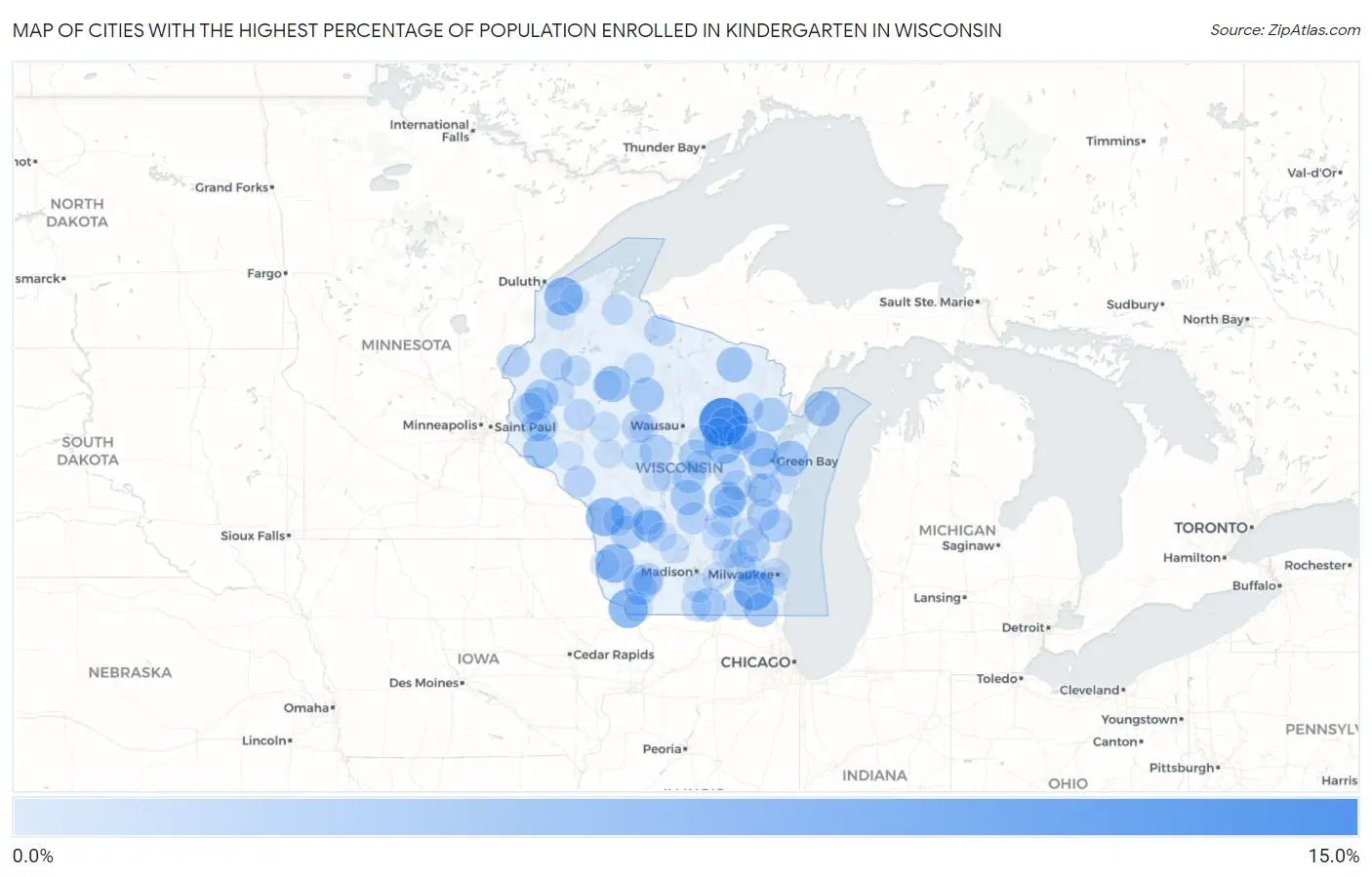 Cities with the Highest Percentage of Population Enrolled in Kindergarten in Wisconsin Map