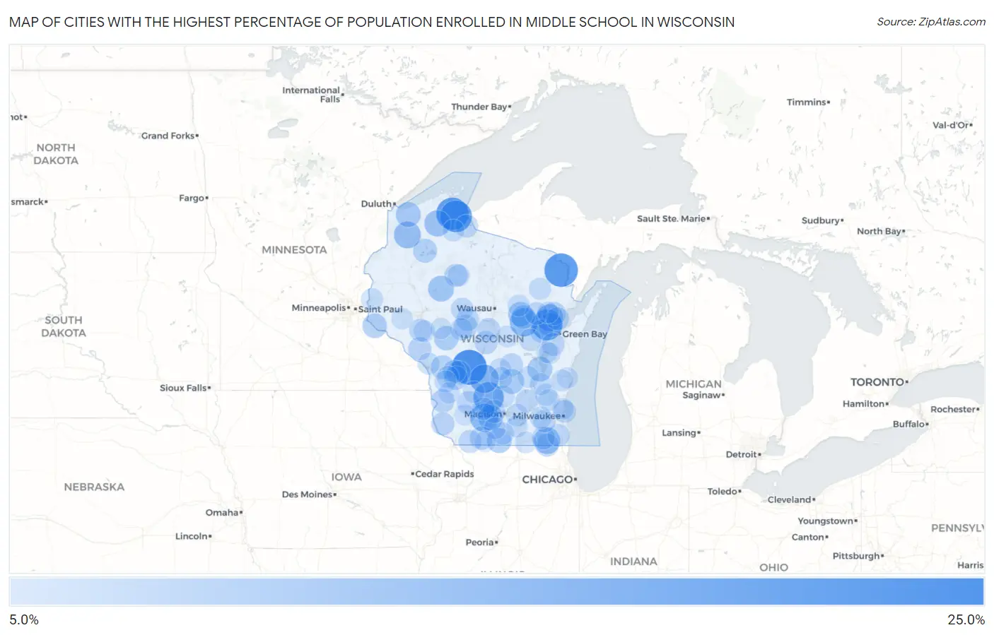 Cities with the Highest Percentage of Population Enrolled in Middle School in Wisconsin Map