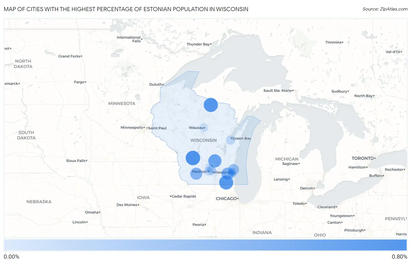 Cities with the Highest Percentage of Estonian Population in Wisconsin Map