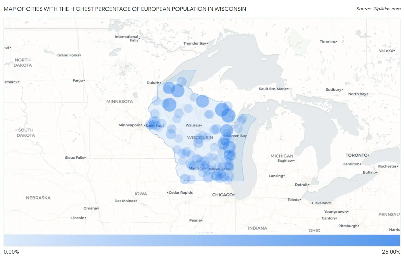 Cities with the Highest Percentage of European Population in Wisconsin Map
